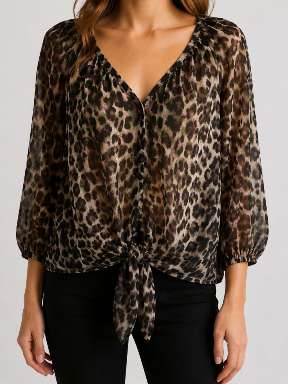 CHARLOTTE RUSSE Cheetah Leopard Animal V Neck Henley Tunic T Shirt Top Blouse S